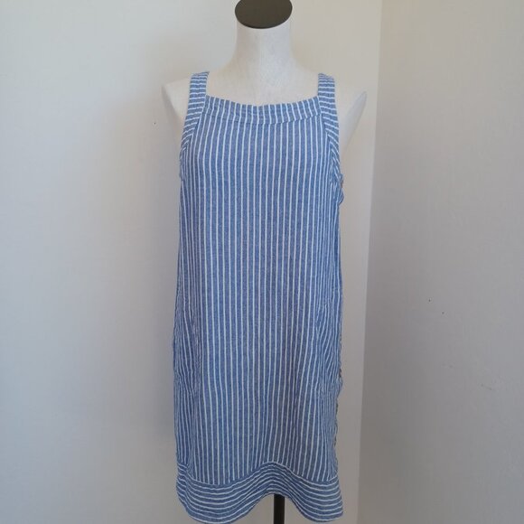 For Cynthia Dress Linen Blend Blue White Striped Pullover Side Button Detail Med - Picture 6 of 14
